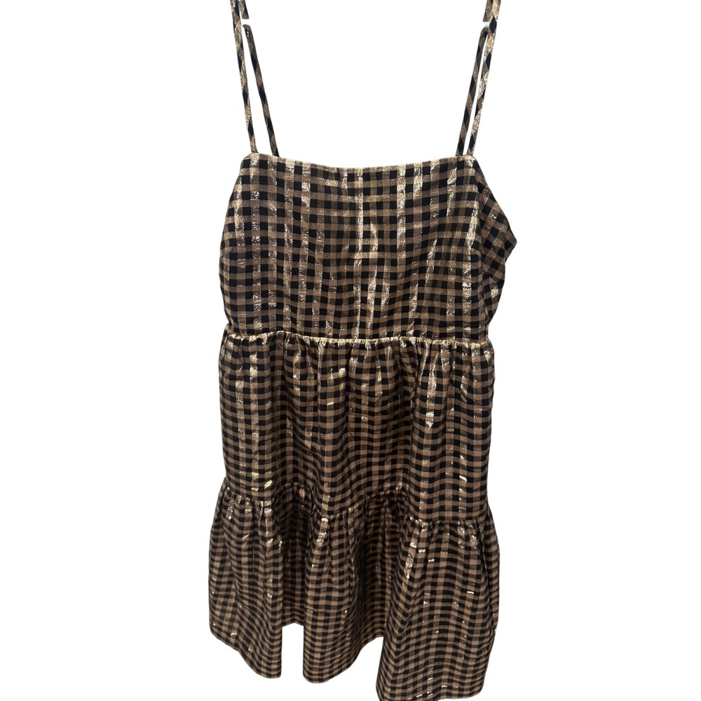 J.Crew Metallic Gingham Tiered Mini Dress Gold Black Womens 0 NEW